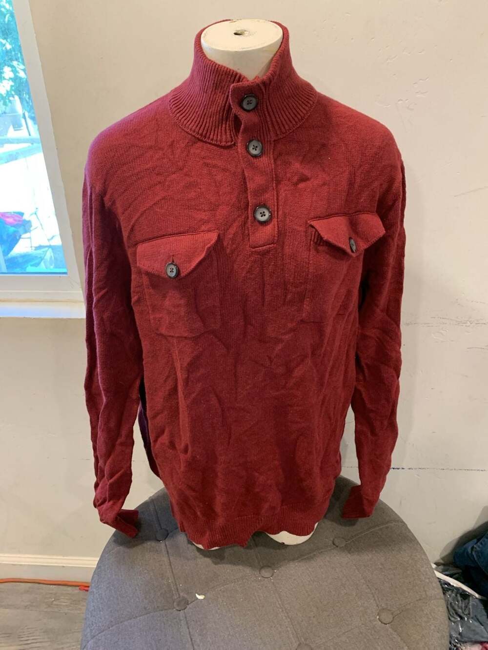 Banana Republic Mock Neck Henley Sweater Size L Red Button Pocket Pullover